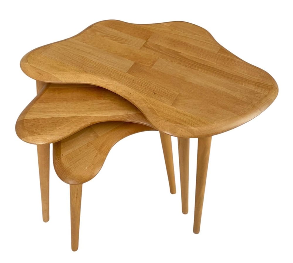 Fawdecor Asimetrik Masif Ahşap Zigon Sehpa Takımı 3'lü Set Modern Bohem Tarz Doğal Ağaç Yan Sehpa Açık Meşe