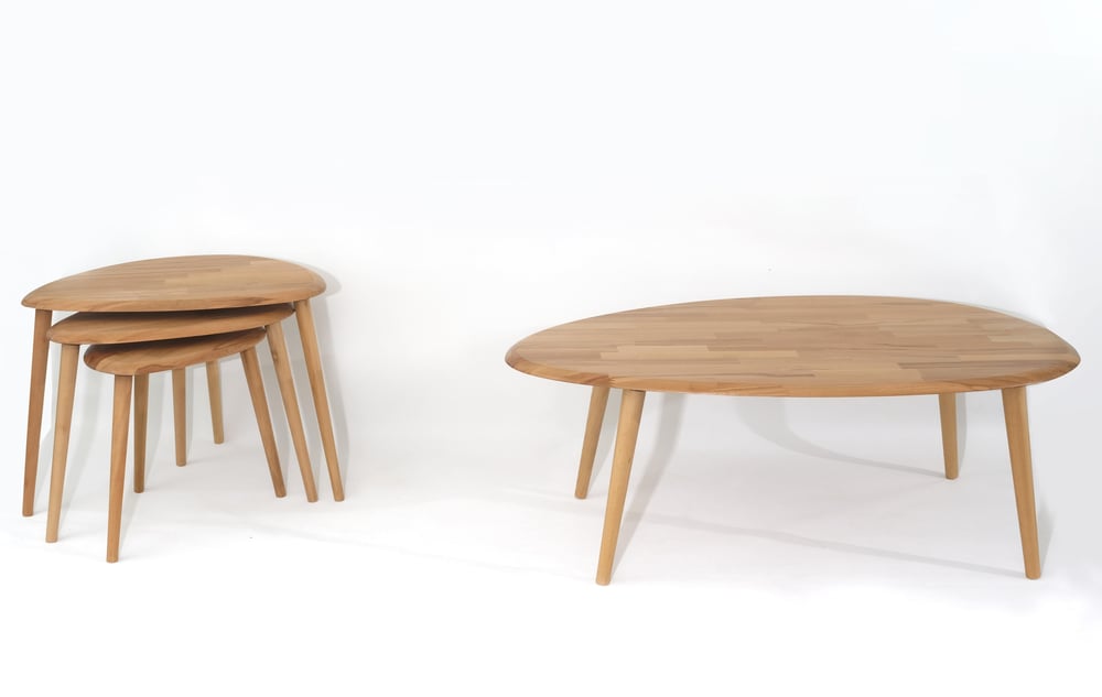 Fawdecor Asimetrik Masif Doğal Ahşap Orta Sehpa ve 3'lü Zigon Sehpa Set, Modern Masif Yan ve Orta Sehpa