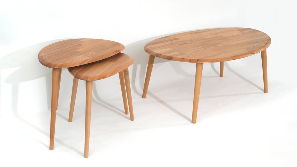 Fawdecor Asimetrik Masif Doğal Ahşap Orta Sehpa ve 2'li Zigon Sehpa Set, Modern Masif Yan ve Orta Sehpa