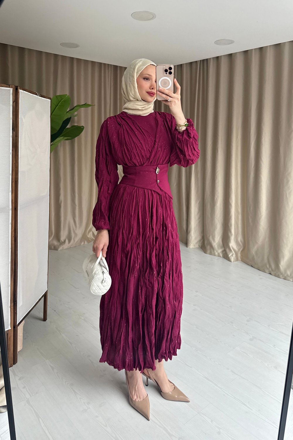 BEL DETAYLI CRUSH ELBİSE - BORDO