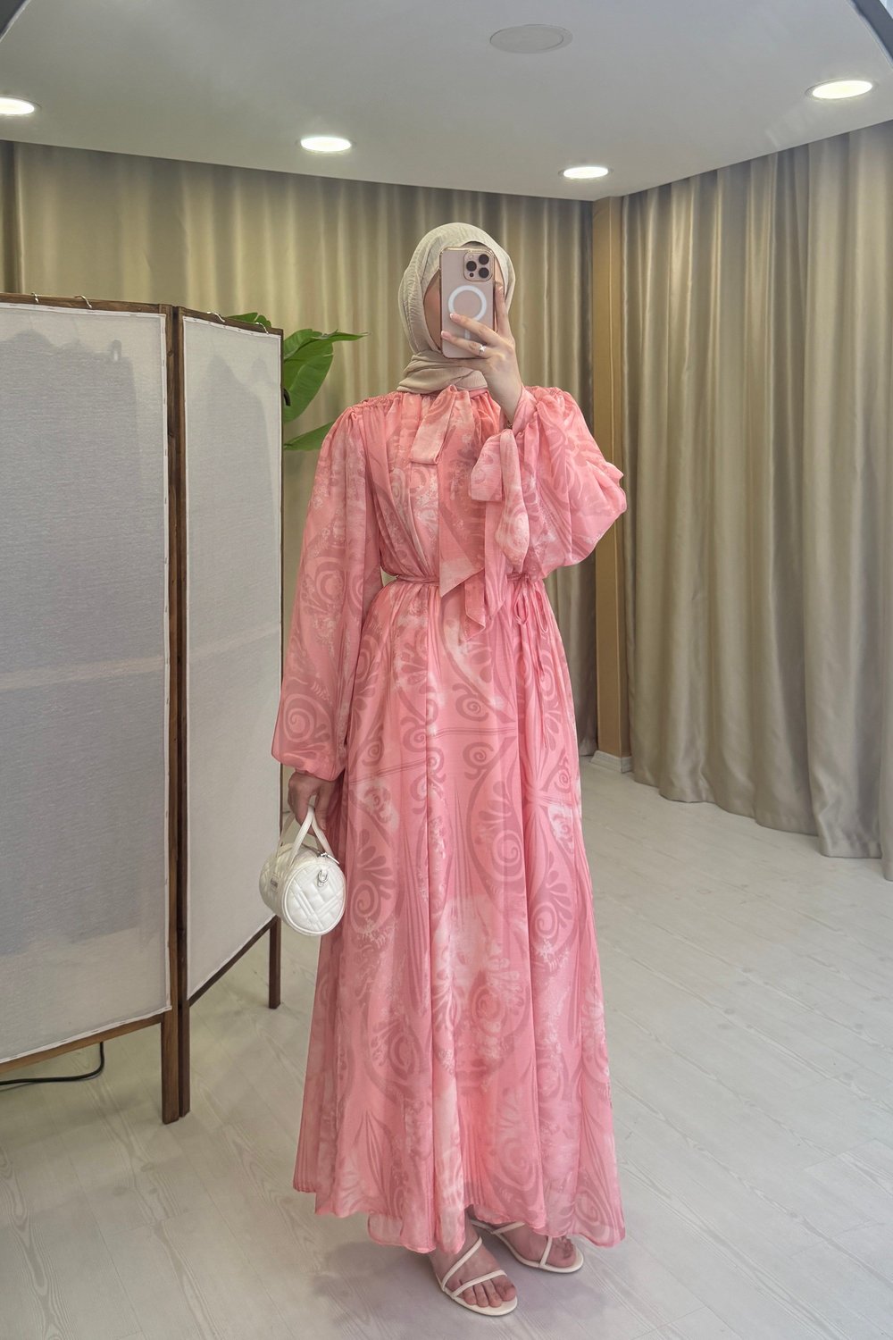 FULAR YAKA PEMBE ŞİFON ELBİSE