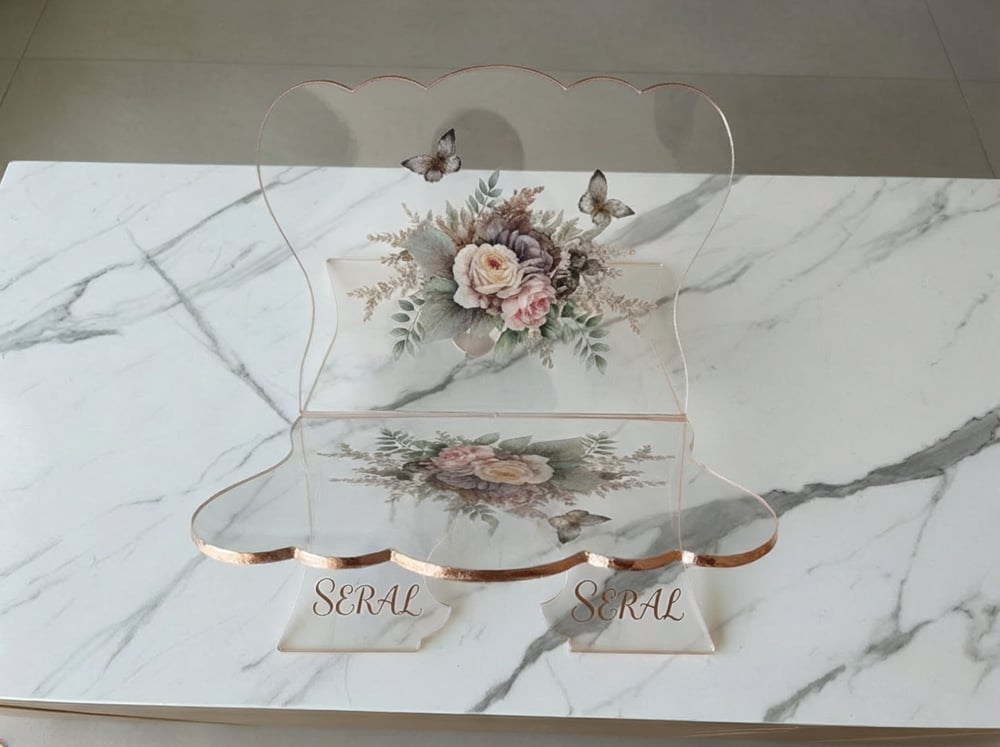 Şeffaf Akrilik UV Baskılı Rahle - Rose Gold Detaylı Çiçek ve Kelebek Desenli Kitap Okuma Standı