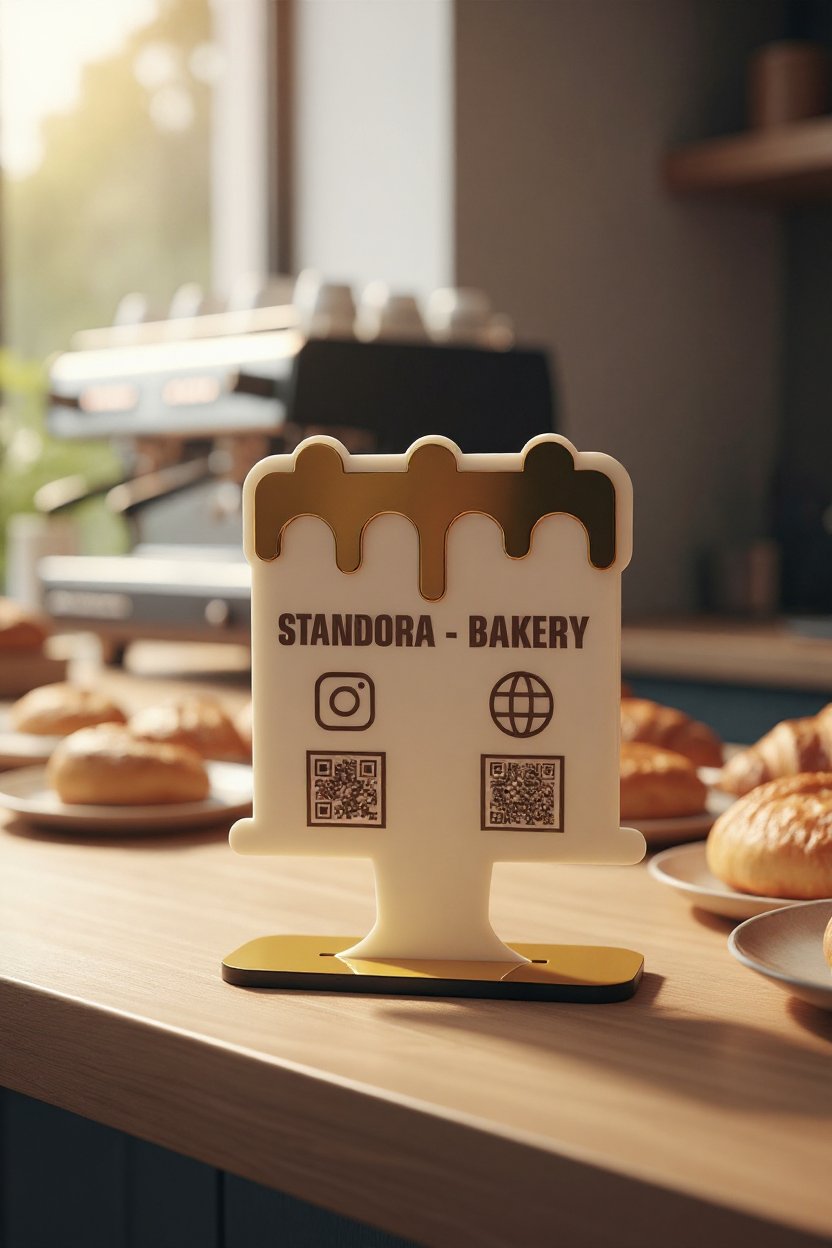 Özel Tasarım Eritilmiş Bal/Krema Efektli Sosyal Medya Standı | Fırın/Pastane İçin Instagram & Web Sitesi QR Menü Standı