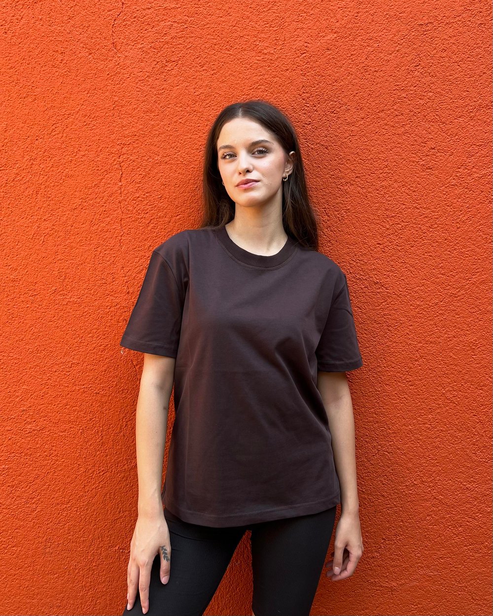 Dekoratif Dikişli Bisiklet Yaka Tshirt-Koyu Kahve