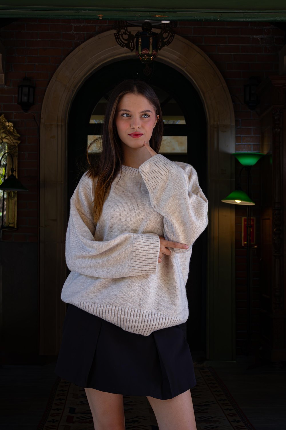 Ekru Bisiklet Yaka Oversize Triko Kazak 