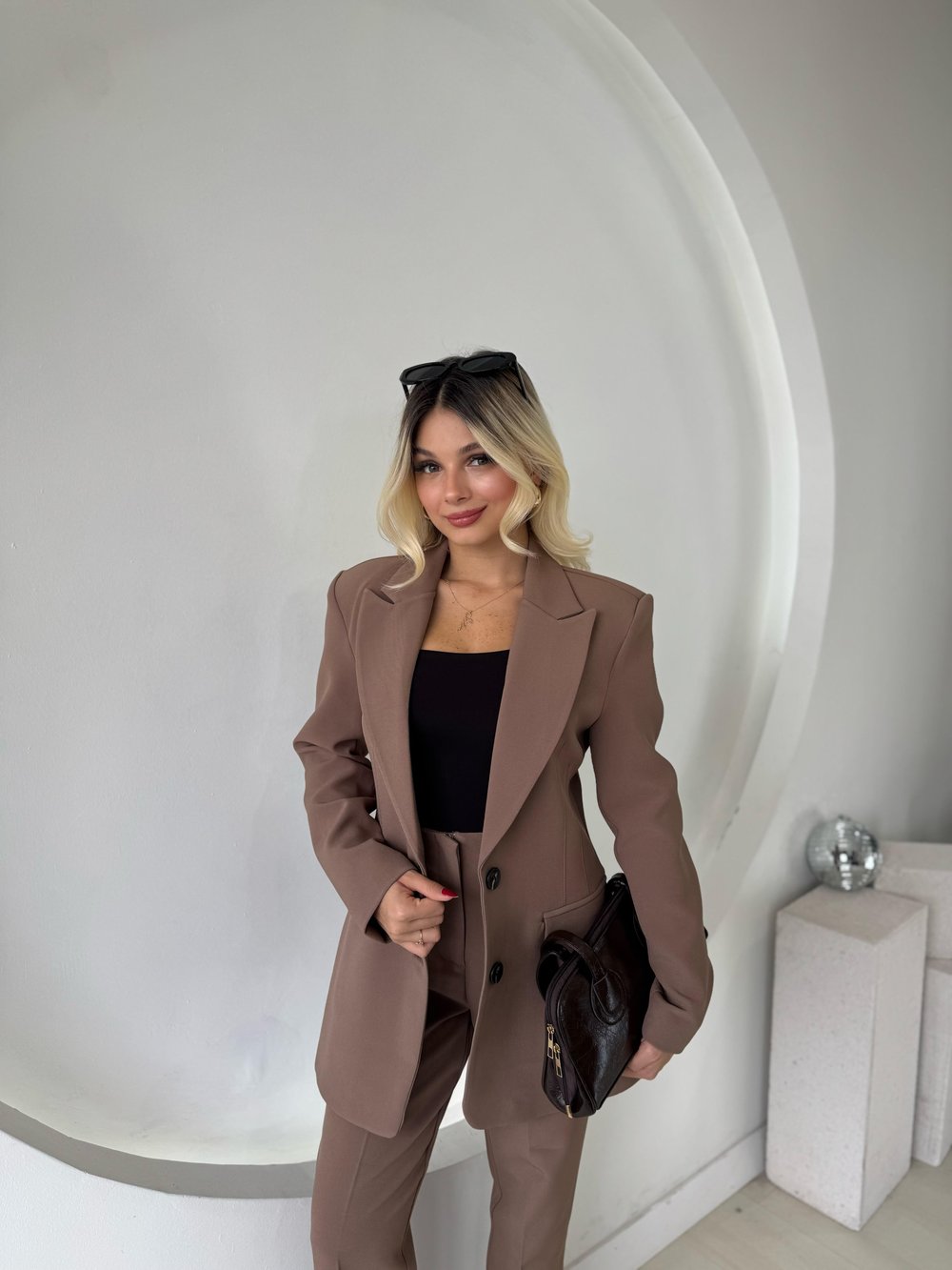 Açık Kahve Çift Düğme Blazer Ceket