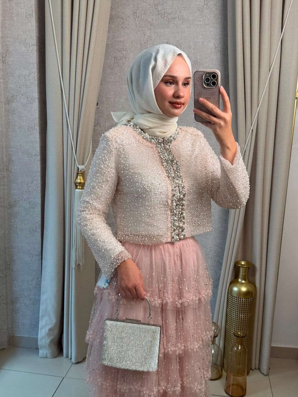 MMZ Taş Ve Boncuk İşlemeli Abiye Ceket Pudra