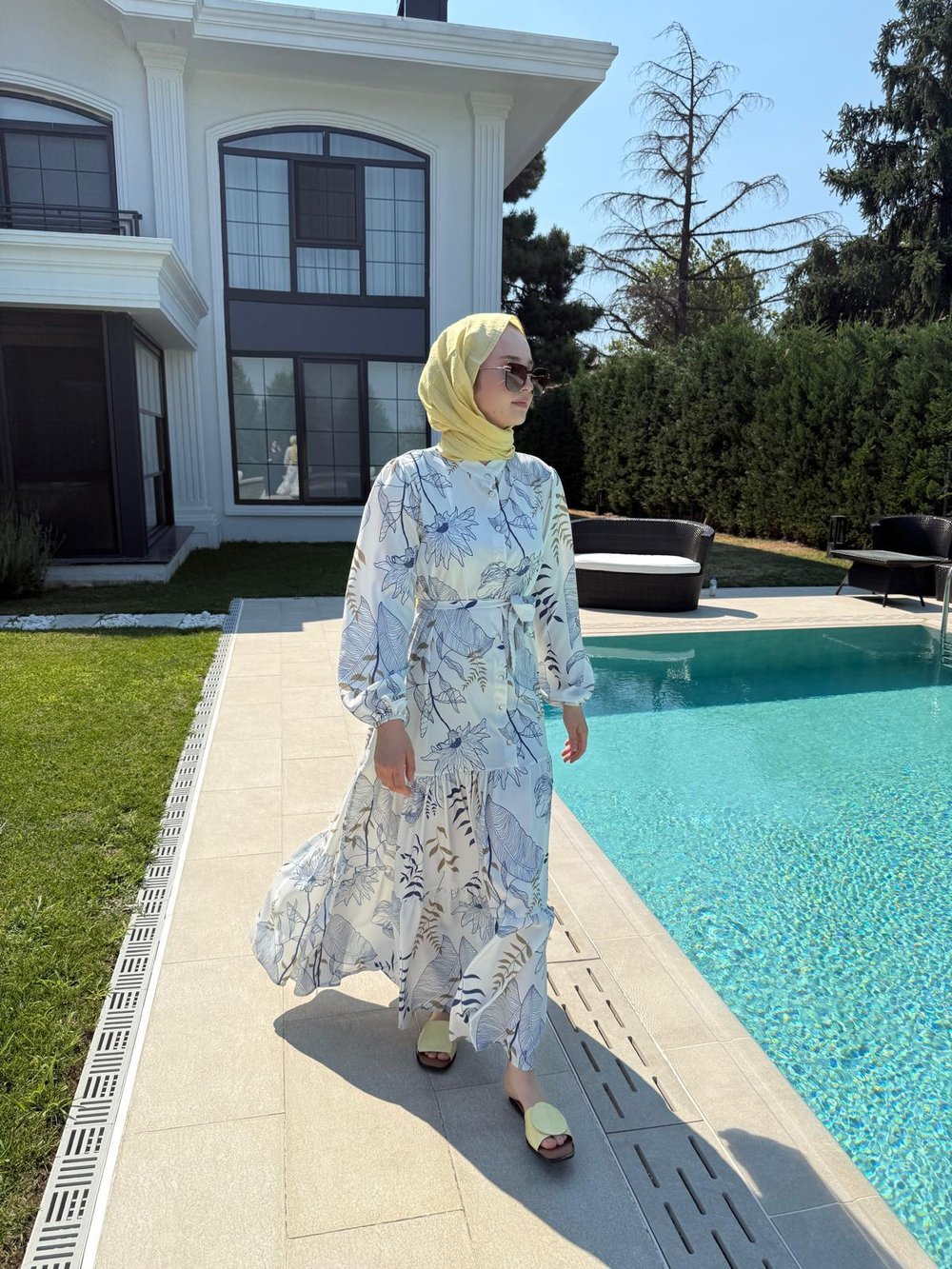 Çiçekli YAzlık Elbise Mavi