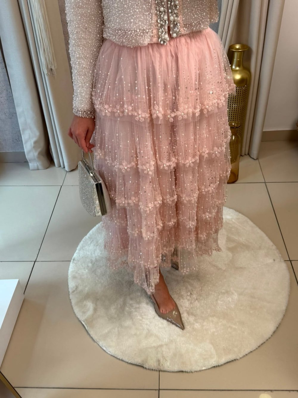 MMZ Taşlı Kat Kat Etek Pembe