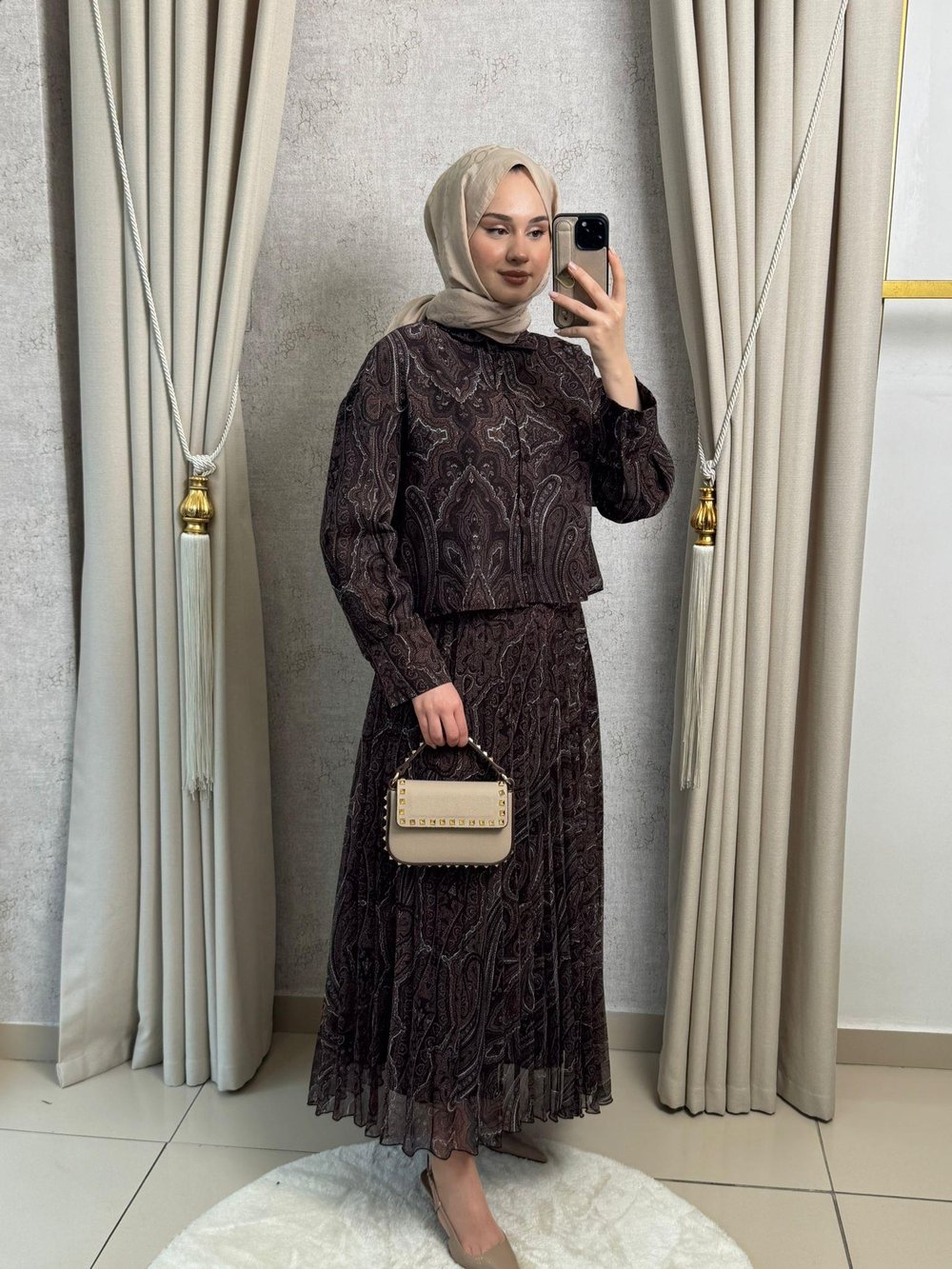 Miori Ethnic Pilise Soft Touch  Şifon Etekli Takım Kahverengi