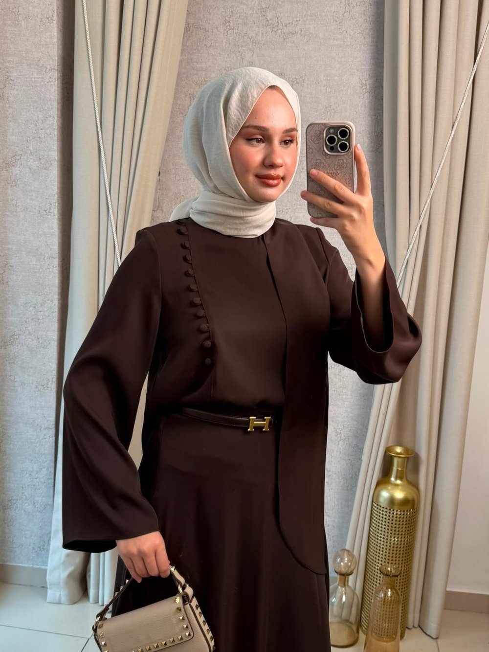 Miori Misse Brit Düğmeli Etekli Takım Kahverengi 