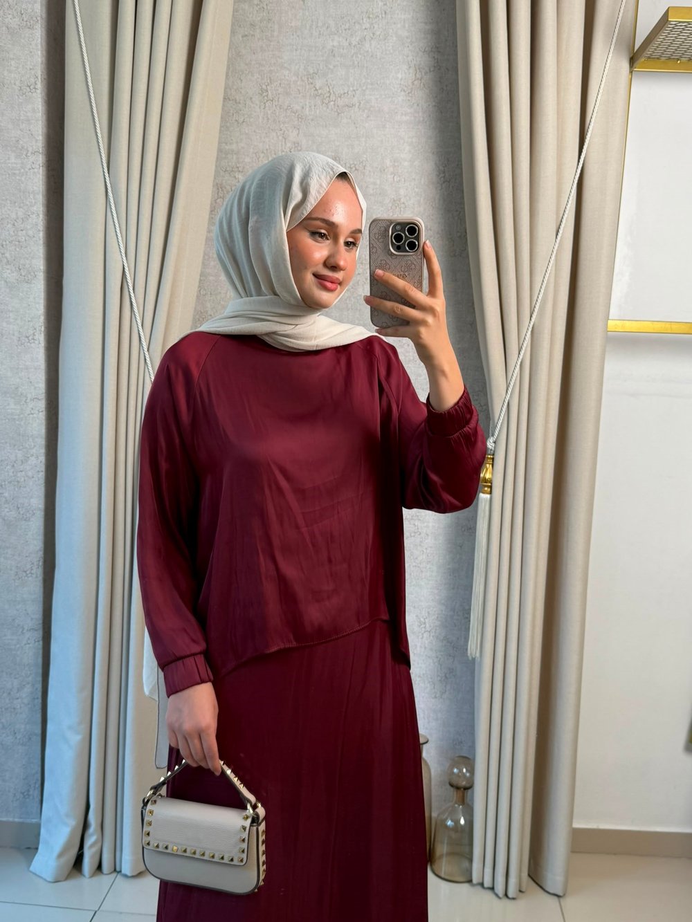 Miori Ramos Premium Saten Etekli Takım Bordo