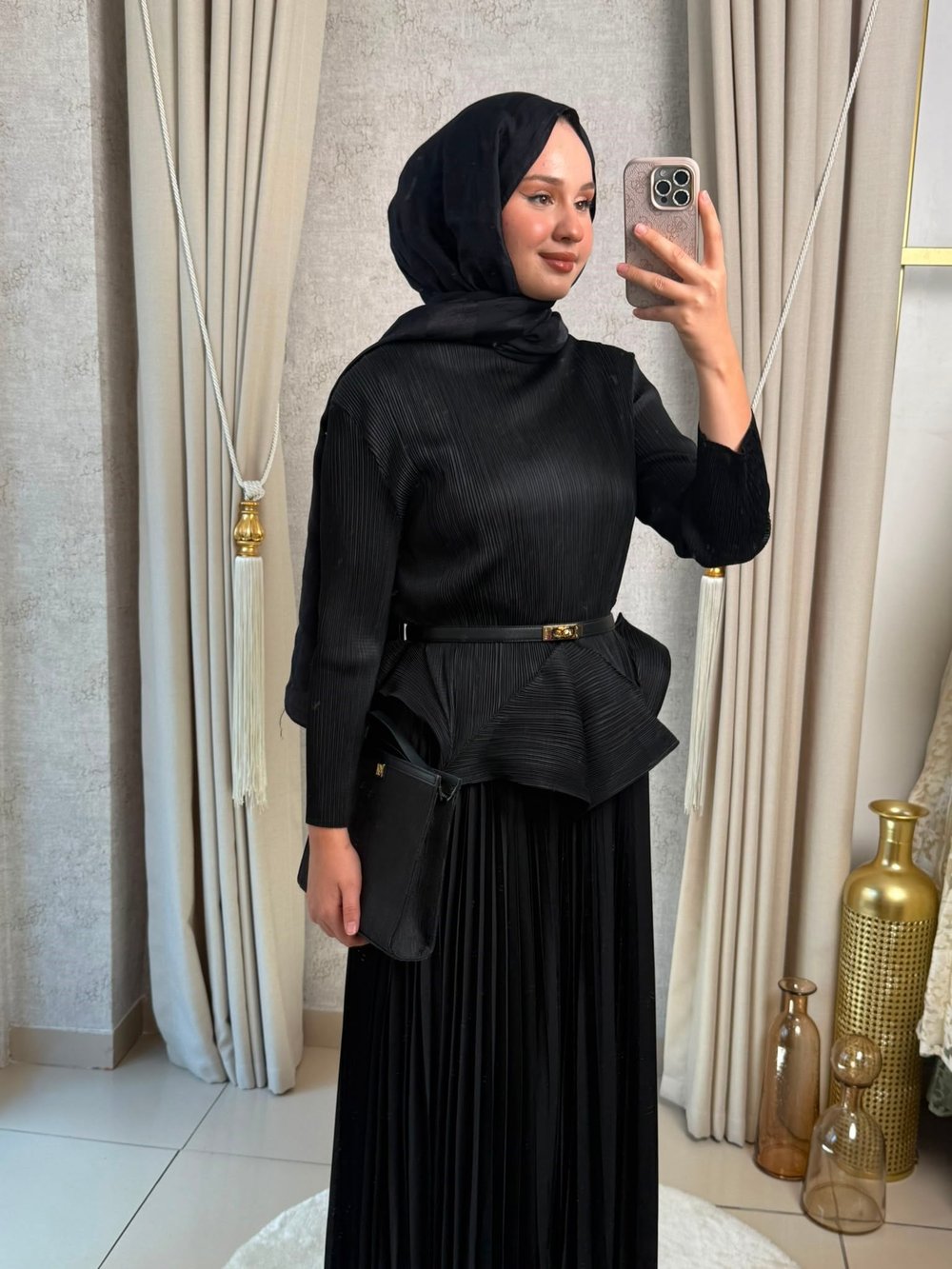 MMZ Akordiyon Kumaş Pilise Etekli Takım Siyah
