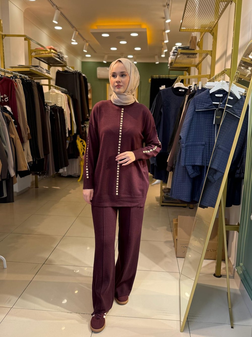 Tığ Triko Şerit Taş İşlemeli Tunik Pantolon Takım 22005 Bordo