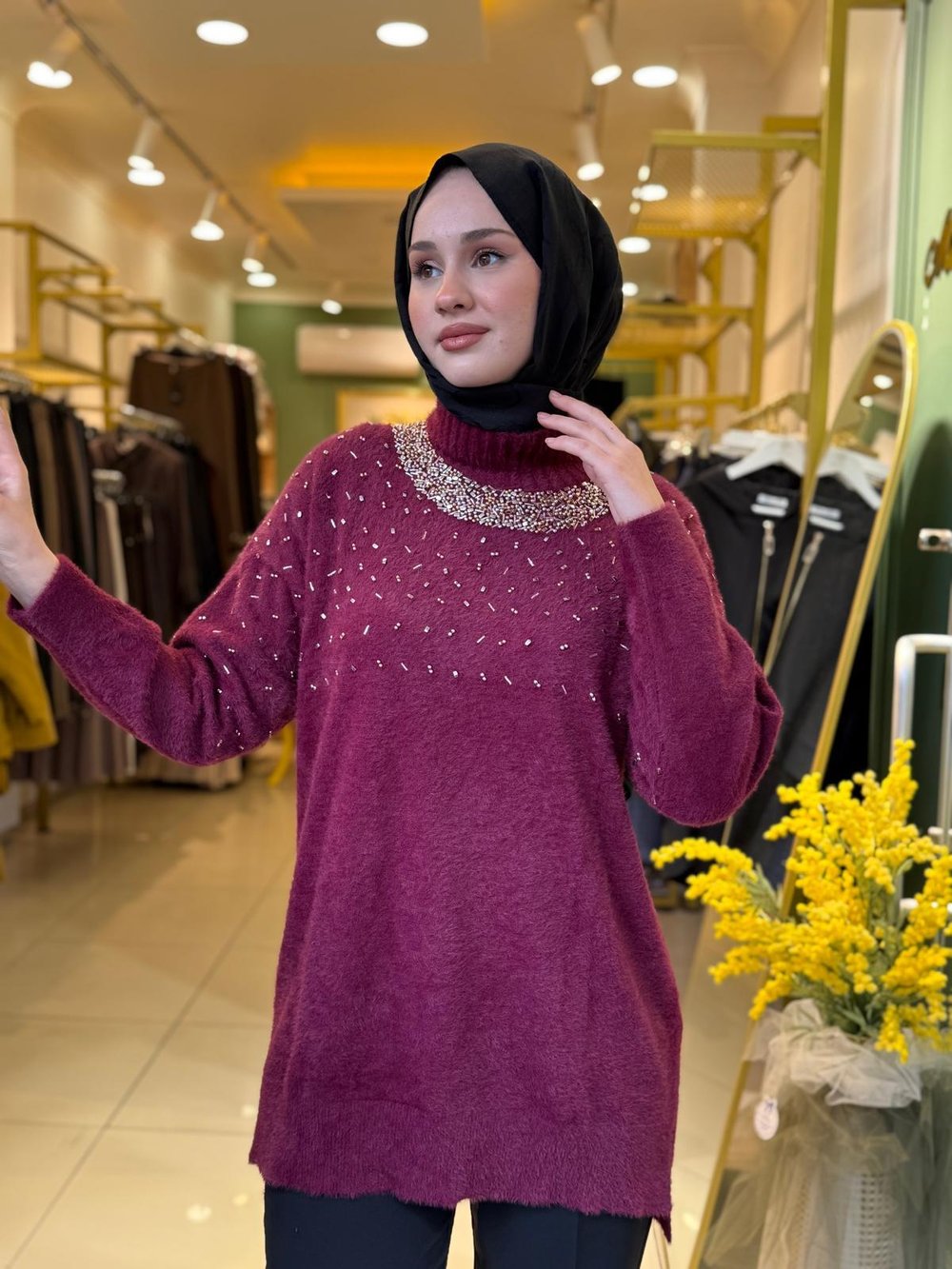 Nuss 7003 Balıkçı Yaka İşlemeli Angora Tunik Bordo