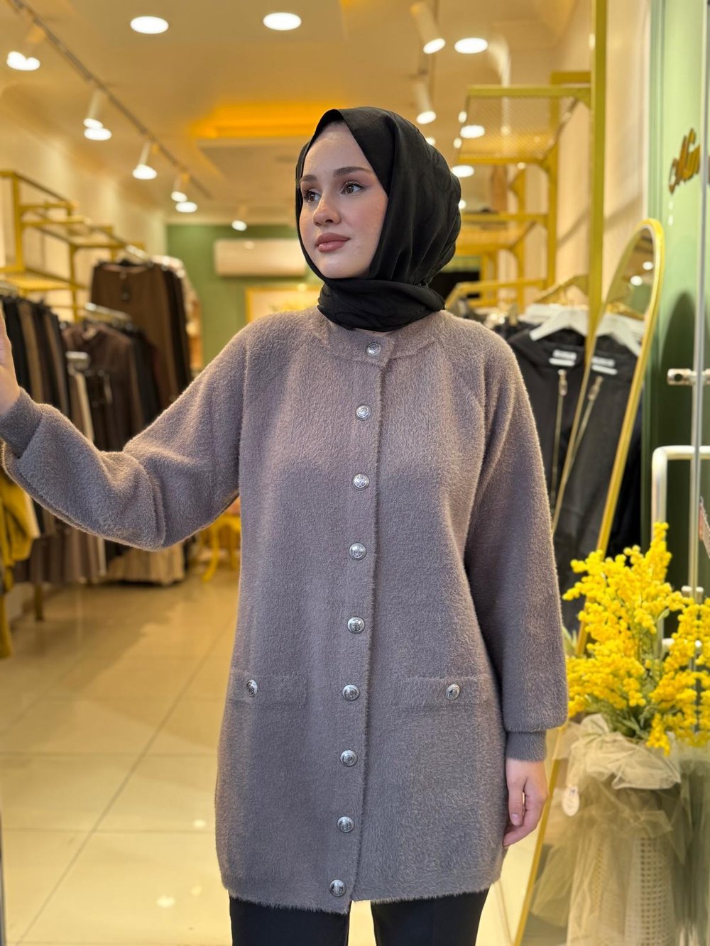 Nuss Düğme Detaylı Angora Hırka 7008 Füme