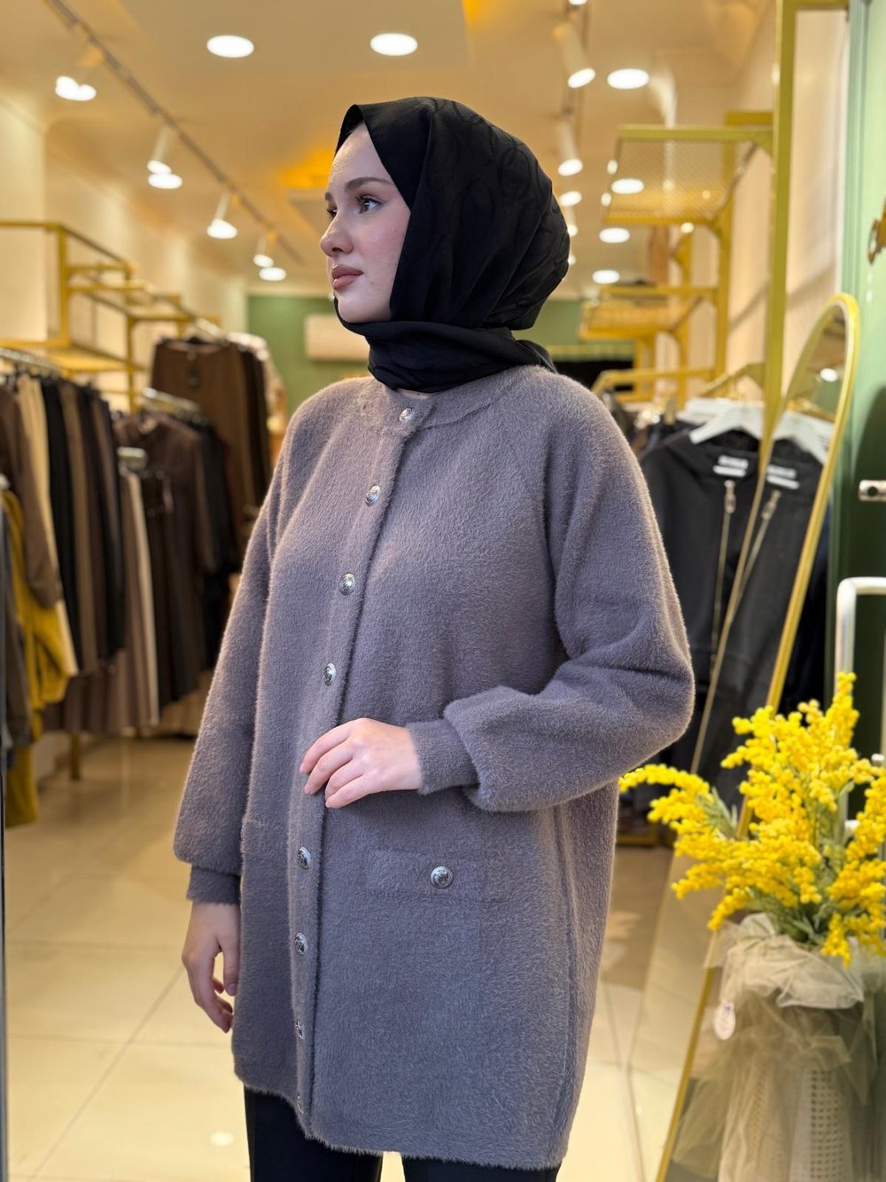 Nuss Düğme Detaylı Angora Hırka 7008 Füme