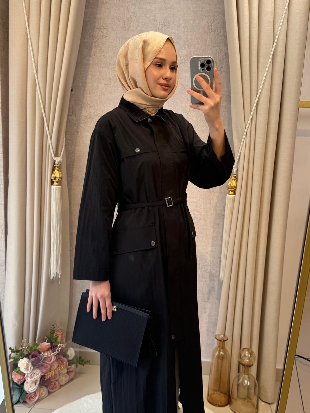 Wennora 1035 Doğal Kumaş Trenchkot Siyah
