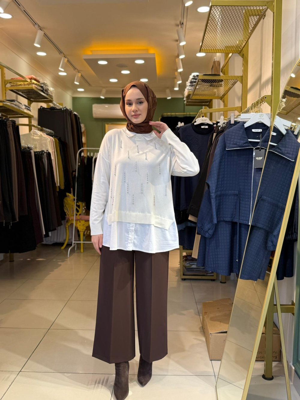 Tığ Triko Boncuk İşlemeli Gömlek Yaka Tunik 21704 Ekru