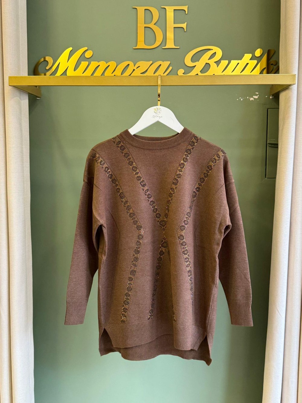 Tığ Triko Leopar Taşlı Tunik 21763 Kahverengi