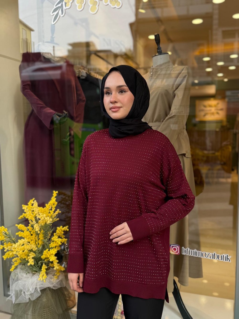 Tığ Triko Taş Baskılı Rayon Tunik 21717 Bordo