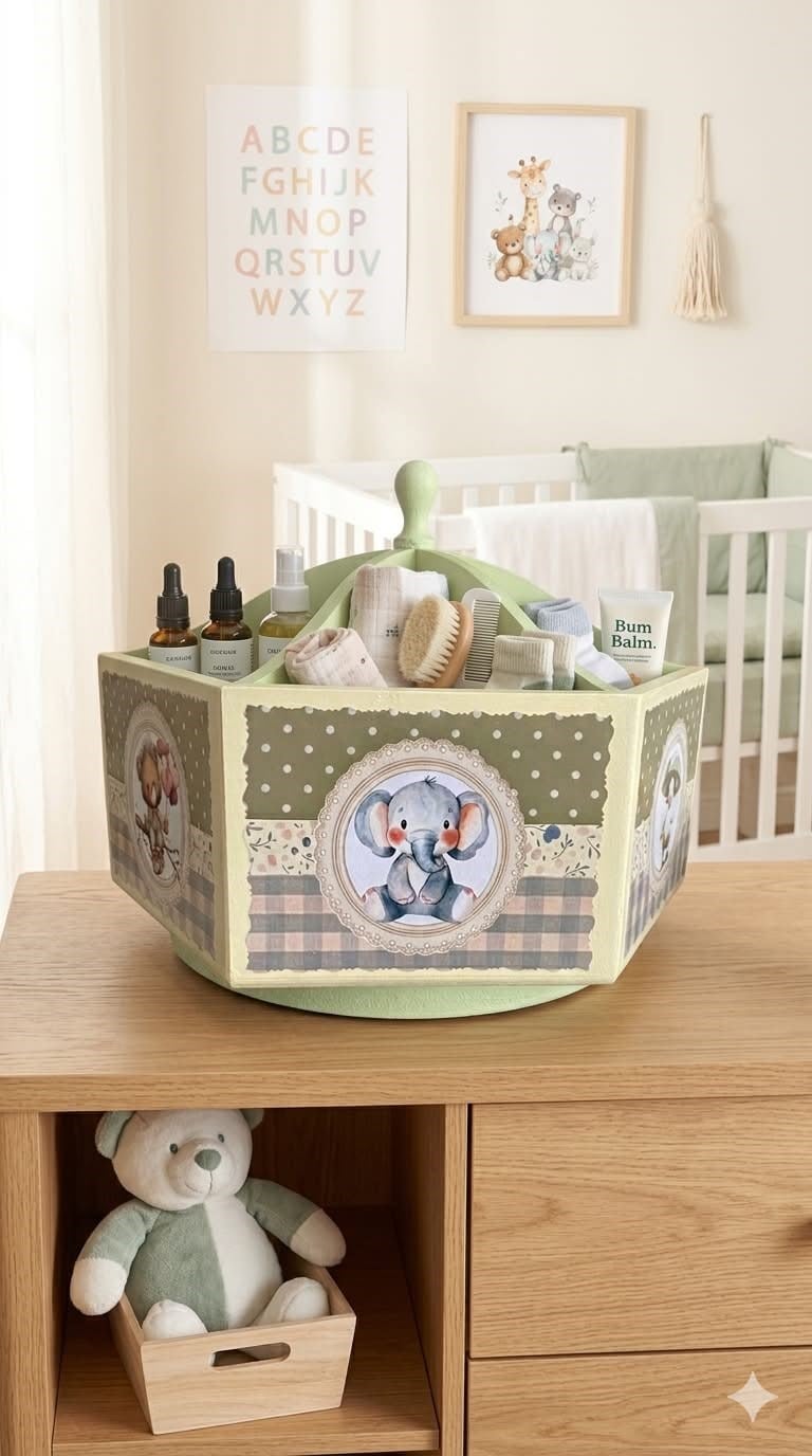 Zera by Sinem El Boyaması Dönen Ahşap Bebek Odası Bakım Organizeri - Soft Yeşil & Krem