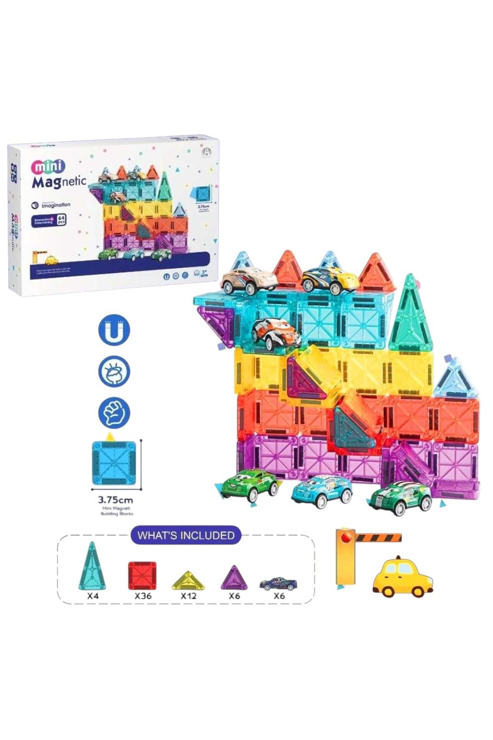 Mini Magnetic 64 Parça Arabalı Magnet Yapı Seti - Zeka Geliştirici Oyuncak 3.75 cm