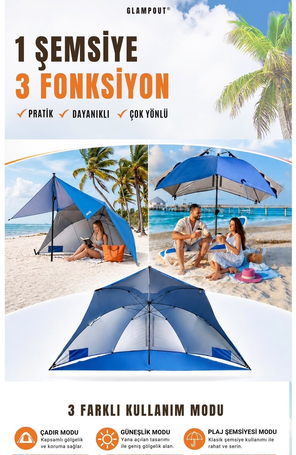 3 FONKSİYONLU PLAJ ŞEMSİYESİ MAVİ