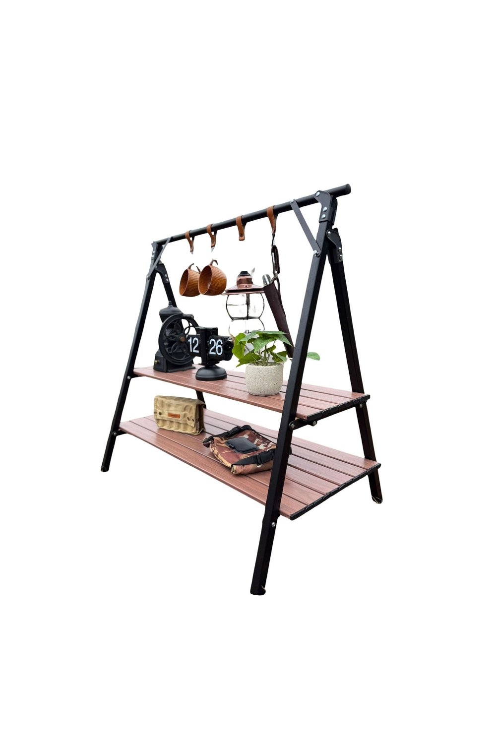 Katlanabilir Portatif Kamp Rafı Alüminyum Ahşap Görünümlü 83x85x46 cm