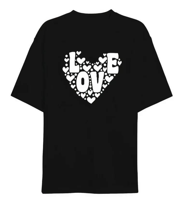 14 Şubat Sevgililer Günü Love Kalp Baskılı Oversize Bisiklet Yaka T-shirt - Siyah