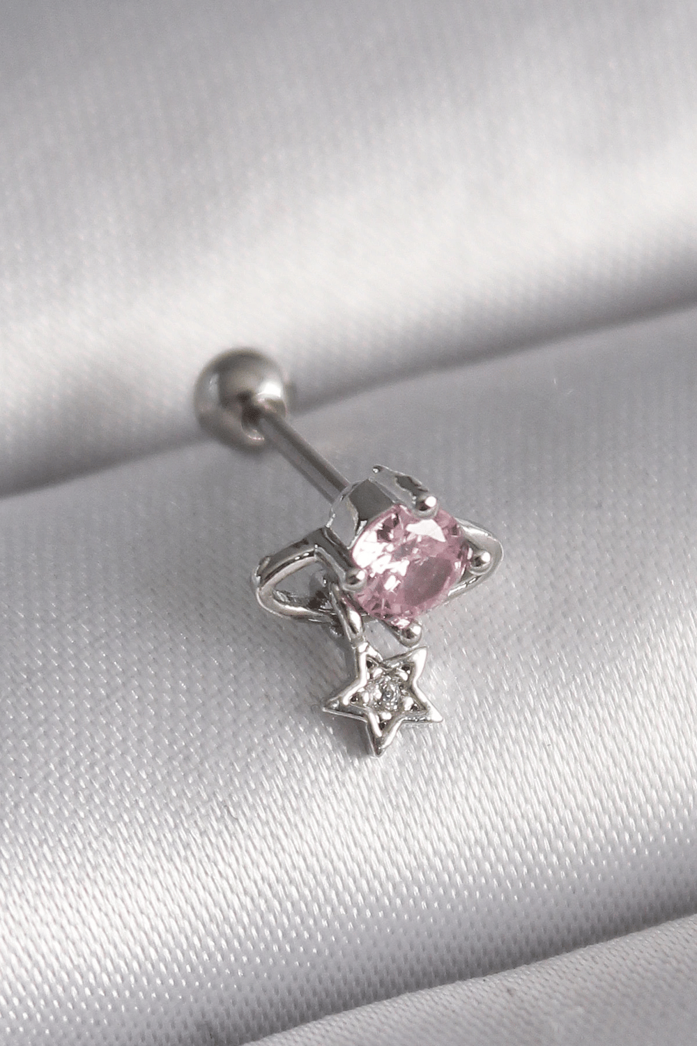316l Çelik Gümüş Renk Pembe Zirkon Taşlı Sallantı Yıldız Detay Tragus Piercing