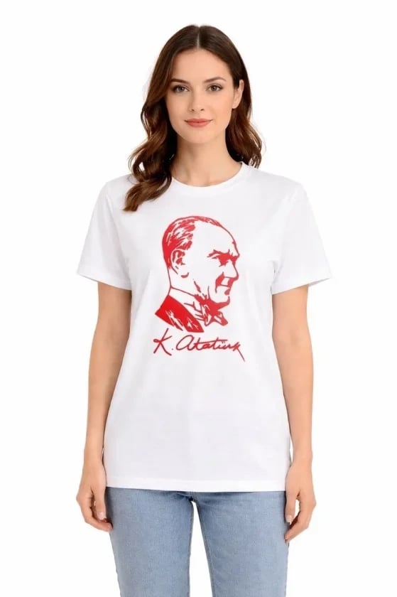 Atatürk Baskılı Tişört Kısa Kollu Bisiklet Yaka T-shirt - Beyaz