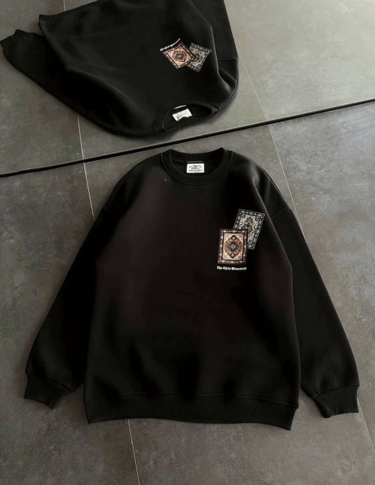 Bisiklet Yaka Baskılı Sweatshirt - Siyah