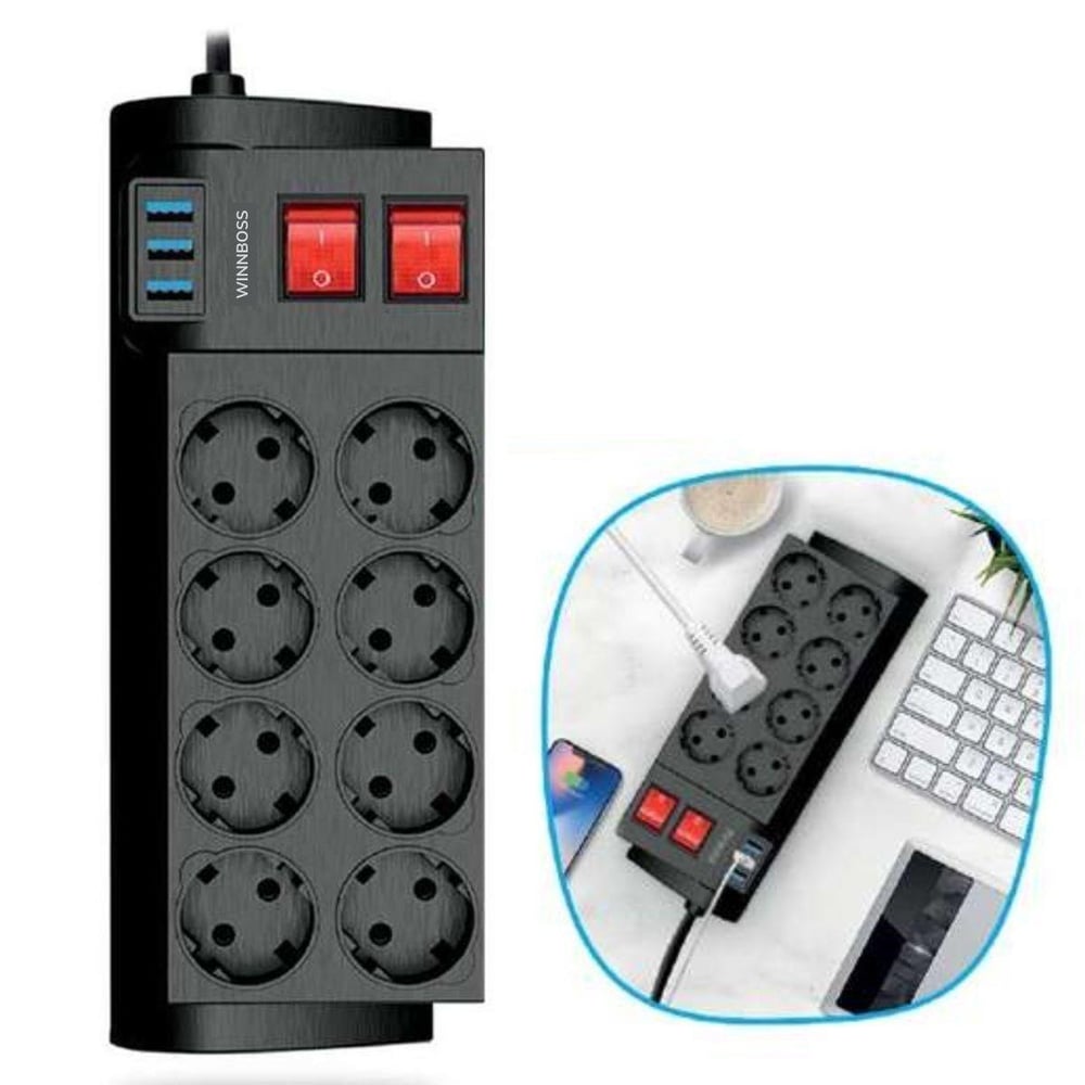 Çarşı Point® Isıya Dayanıklı Termal Akım Korumalı 2 Metre 16A 4000W 8li Priz ve 3 Usb Li Uzatma Kablosu