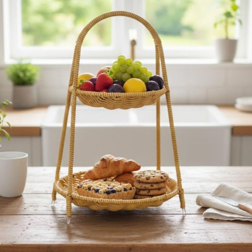 Çarşı Point® Plastik Rattan İki Katlı Sunumluk–Dekoratif Organizer, Mutfak Meyve,Sebze Sepeti, Banyo Düzenleyici Raf,Masaüstü Çok Amaçlı Sunum Standı