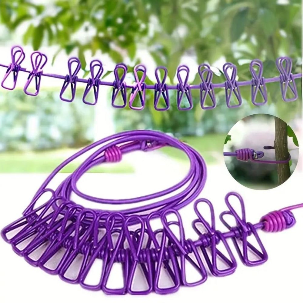 Çarşı Point® Taşınabilir Seyahat Çamaşır İpi 12 Mandallı Klipsli Lastikli Çamaşır Mandalları