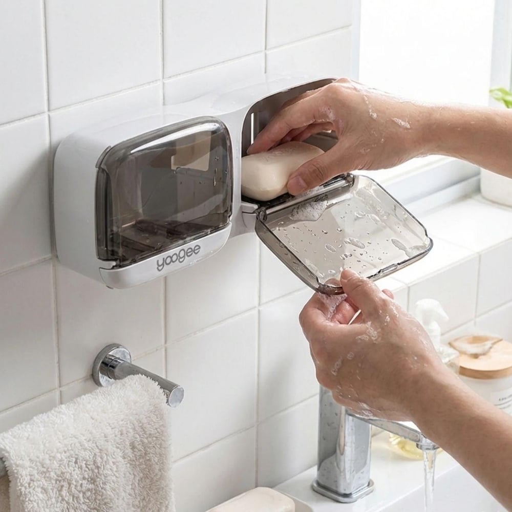 Çarşı PointDuvara Monte İkili Kapaklı Plastik Katı Sabunluk Organizer – Banyo & Mutfak İçin Yapışkanlı Sabun Kutusu ve Düzenleyici