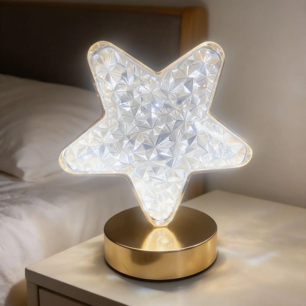 Çarşı PointYıldız Model Kristal LED Masa Lambası – Dokunmatik, 3 Renk Işık Modlu, Şarjlı Mini Dekoratif Gece Lambası