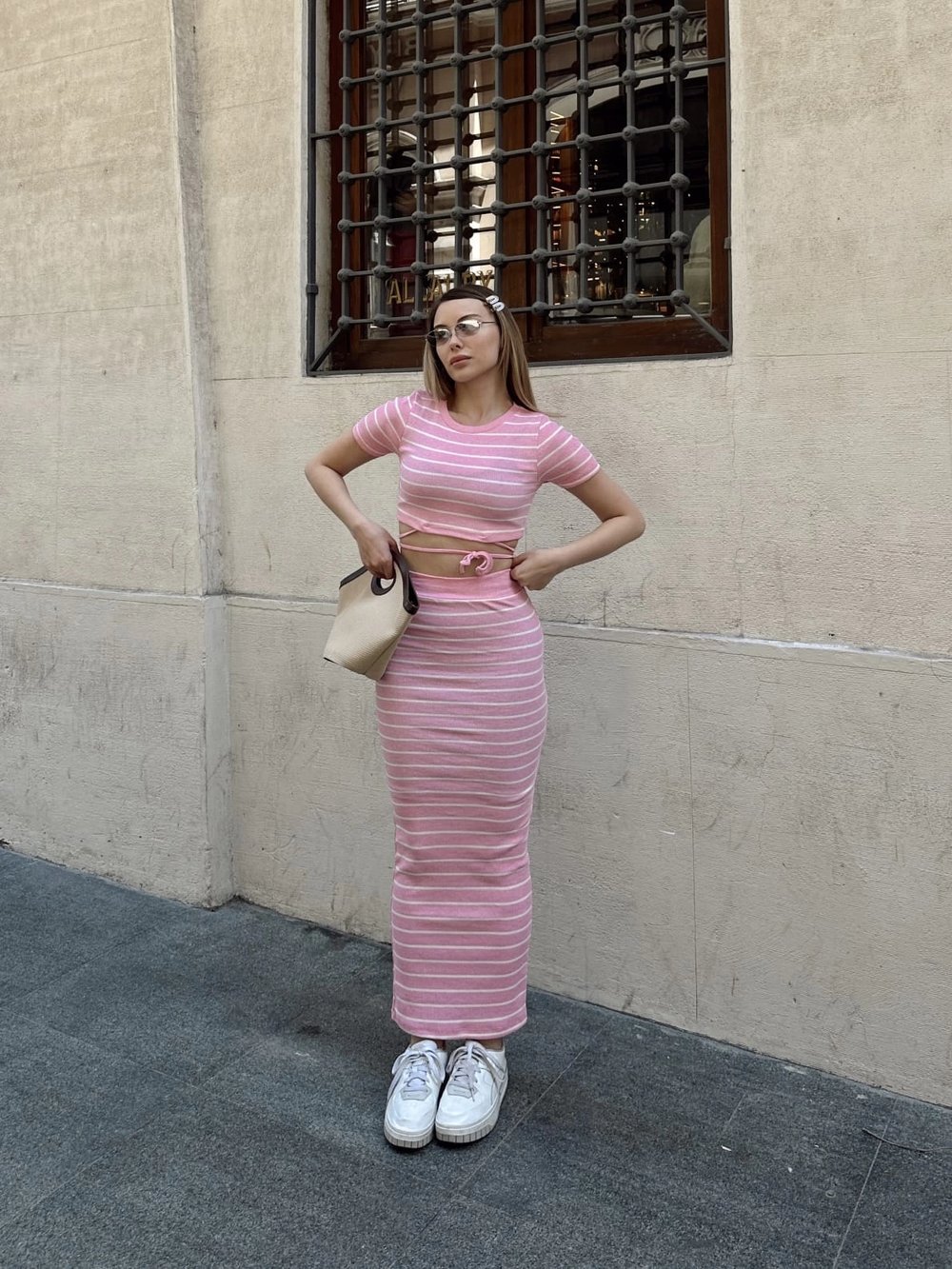 Çizgili Etekli Takım Pembe S3609