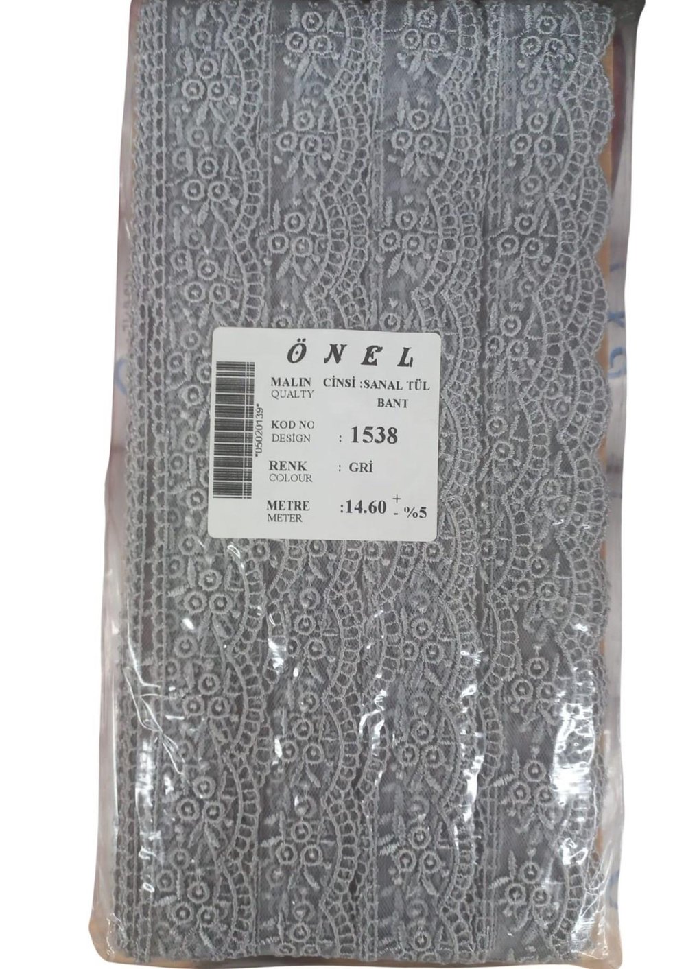 Dantel Polyester Sanal Tül Bant Gri 14,60 Metre En 3 Cm On-1538-g