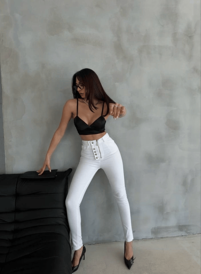 Düğme Ve Fermuarlı Kot Pantolon - Beyaz