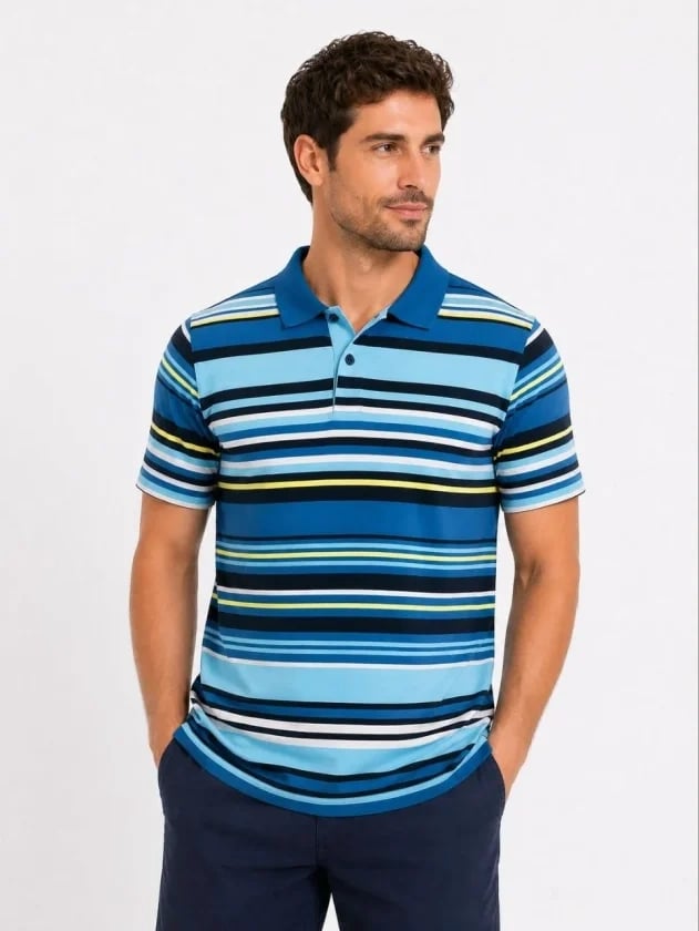 Erkek Çizgili Polo Yaka Tişört Kısa Kol Yazlık T-shirt Regular Fit - Mavi
