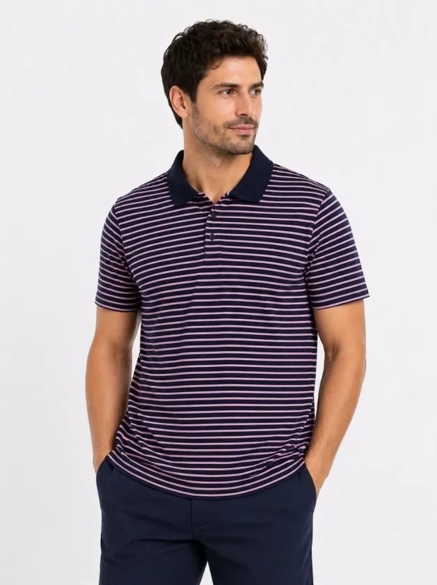 Erkek Pike Kumaş Gül Kurusu Çizgili Polo Yaka Tişört Kısa Kol T-shirt - Siyah