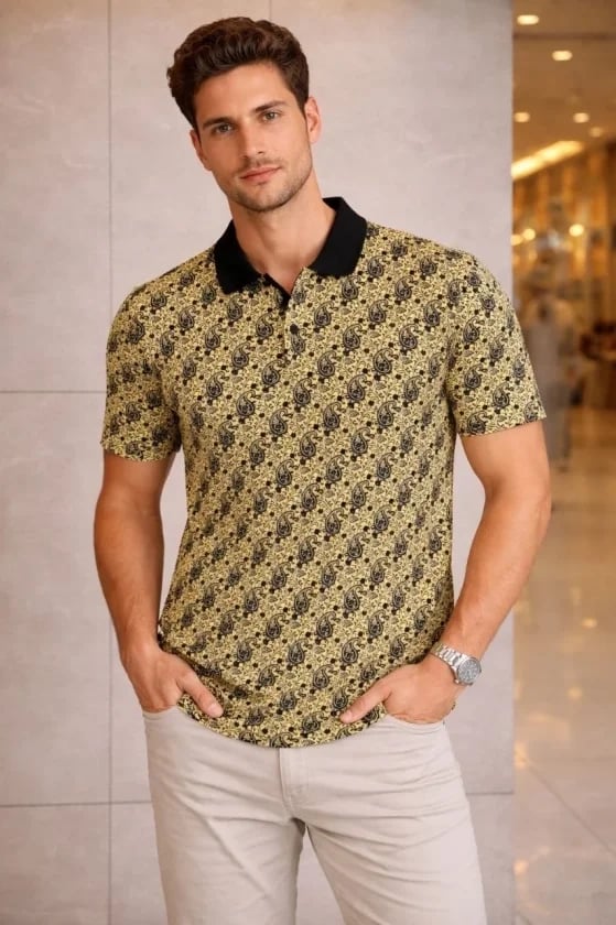 Erkek Pike Kumaş Polo Yaka Palmiye Desenli Tişört Kısa Kol Yazlık T-shirt - Sarı