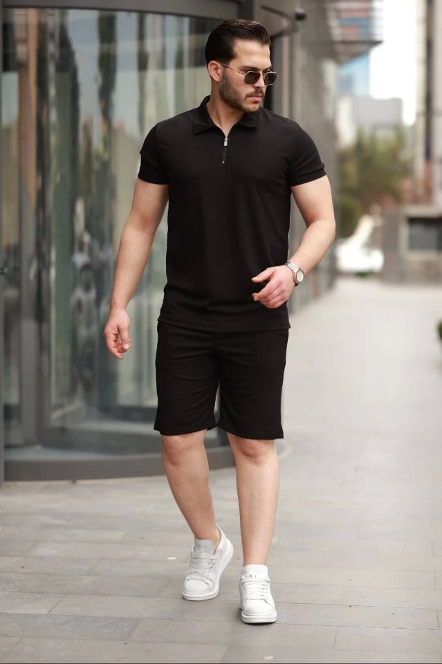 Erkek Yakalı Fermuarlı T-shirt Şort Ikili Takım