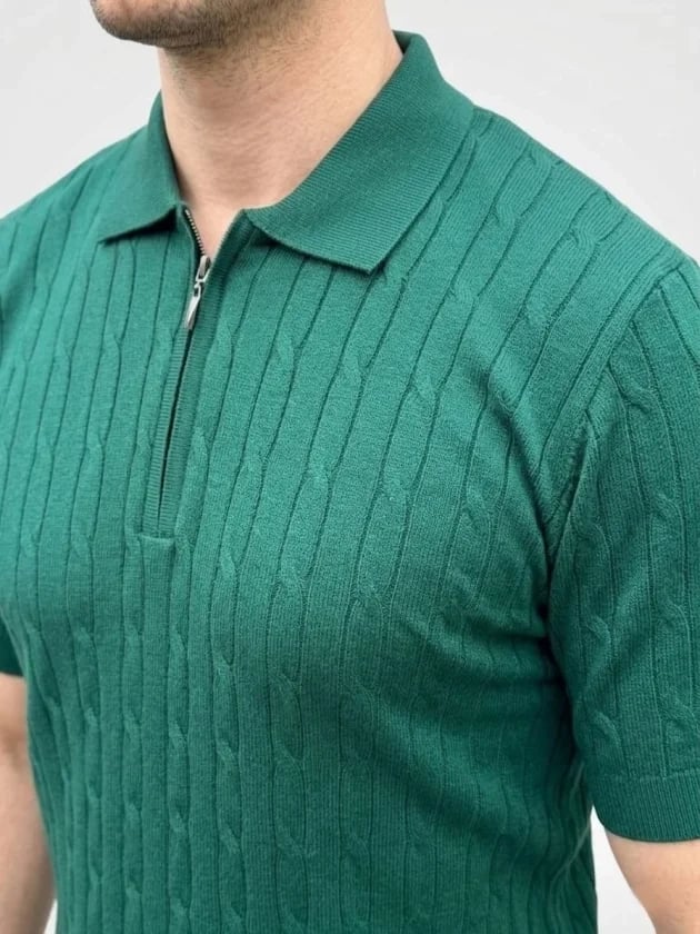 Erkek Yazlık Triko Saç Örgü Tişört Kısa Kol Polo Yaka Fermuarlı T-shirt - Haki