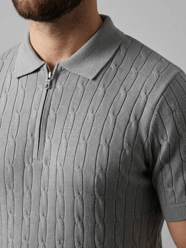 Erkek Yazlık Triko Saç Örgü Tişört Kısa Kol Polo Yaka Fermuarlı T-shirt - Gri