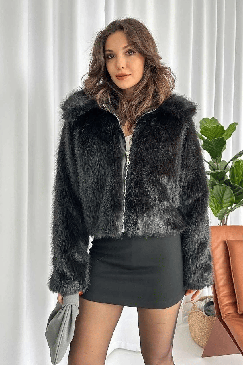 Fermuarlı Kısa Kürk Siyah T7746