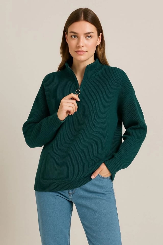 Kadın Yarım Fermuarlı Triko Kazak – Selanik Örgü, Dik Yaka, Pamuklu Dokuma, Oversize Uzun Kollu Kışlık Model - Haki