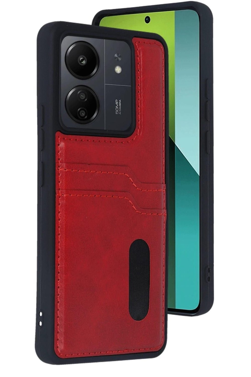 Mey İthalat®   Redmi 13C Kılıf Sara Kartvizitli Deri Kılıf - Kırmızı